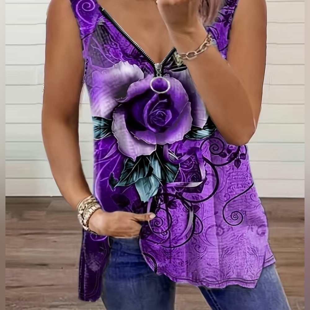 NWOT Plus Size Rose Print Zipper Tank Top, Purple Color , Plus Size 18